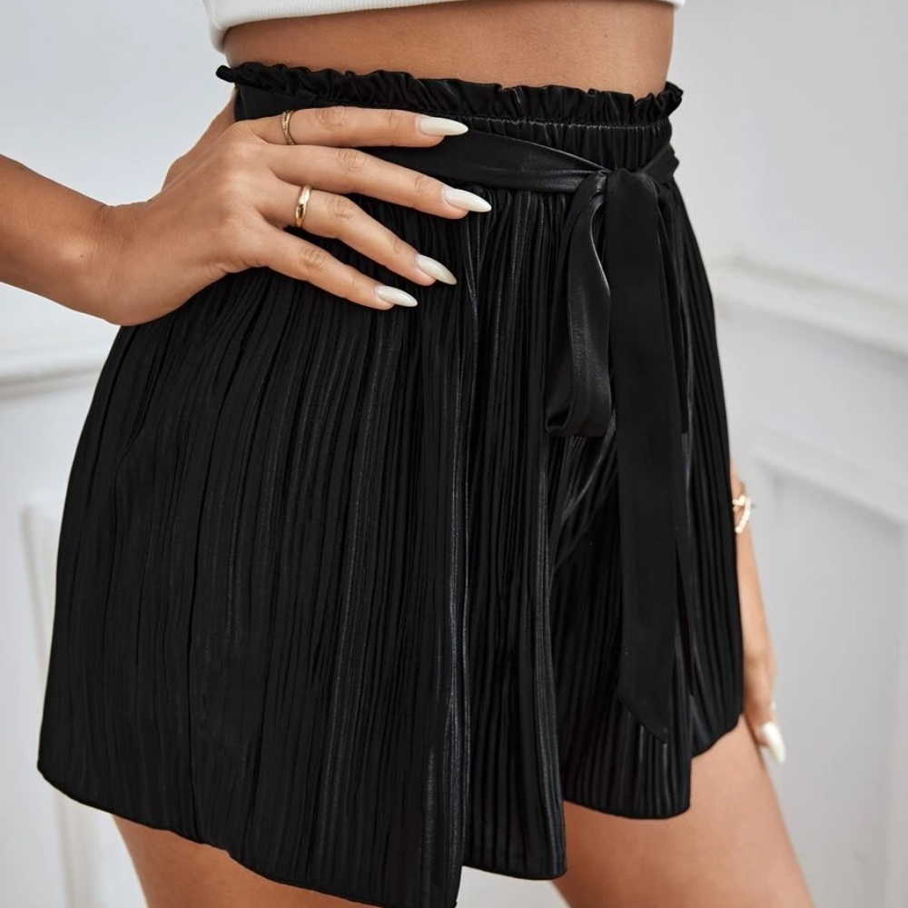 Black Pleated Paperbag Waist Tie Shorts - Picture 3 of 6